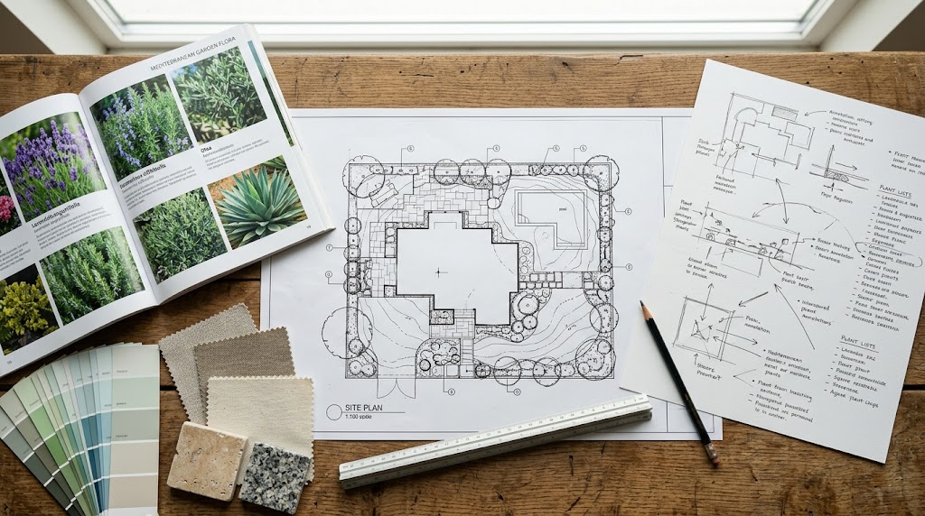 Landscape design consultation work table with site plan, sketches, samples, and reference materials