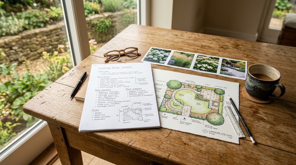 Written design consultation summary document with site plan and reference photos