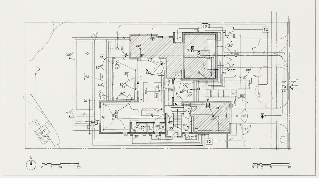 Photometric landscape lighting design plan with fixture placement and beam-angle annotations