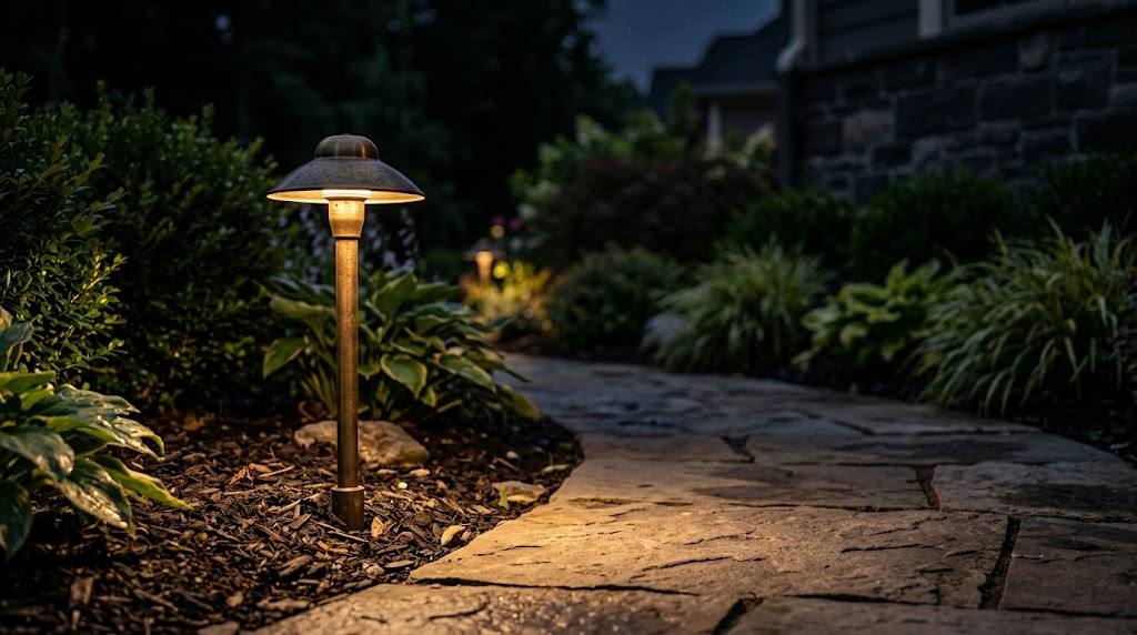 Brass low-voltage path light fixture at night with warm 2700K LED illumination