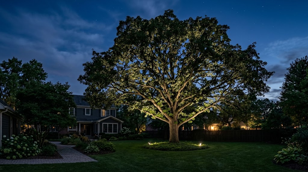 Mature oak tree uplit by hidden in-ground spotlights at twilight, dark-sky compliant