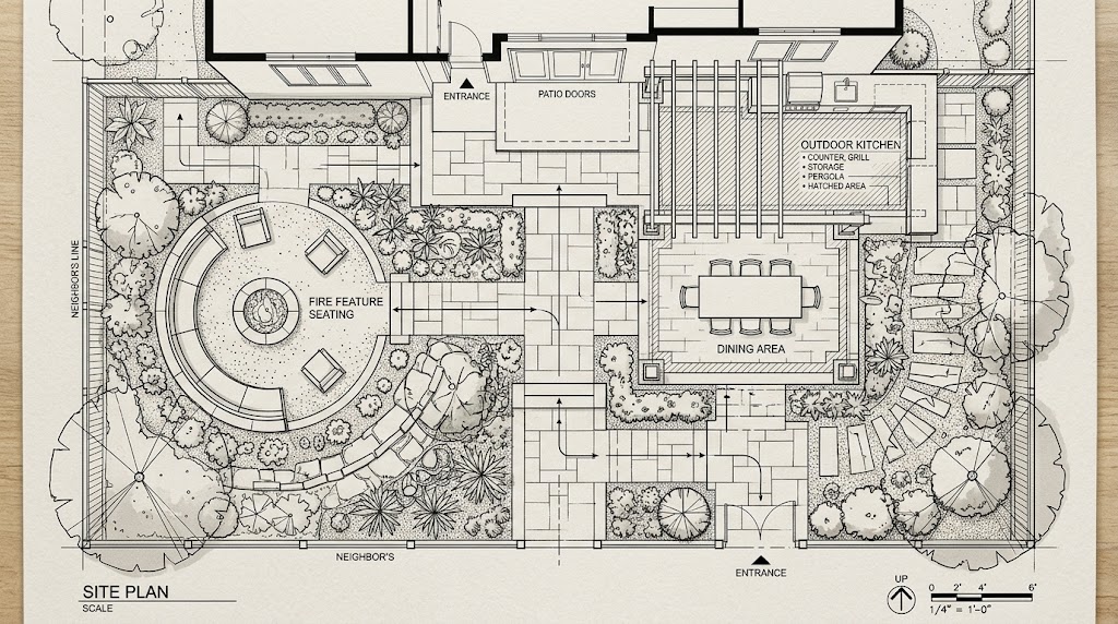 Outdoor living space master plan drawing with labeled kitchen, dining, fire feature, and transition zones