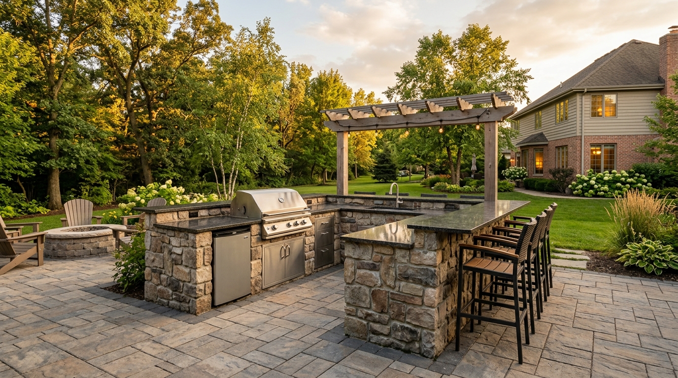 Built-in outdoor kitchen with stainless grill, granite counter, and integrated bar seating in suburban backyard