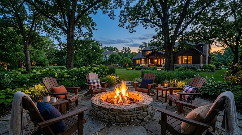 Stone fire pit with conversation seating at twilight in a Des Plaines backyard
