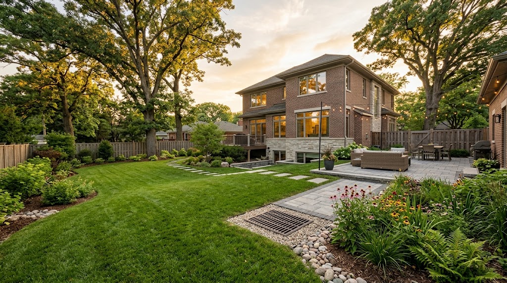 Drainage solution design in Des Plaines: finished backyard with French drain catch basin, regraded slope, and rain garden