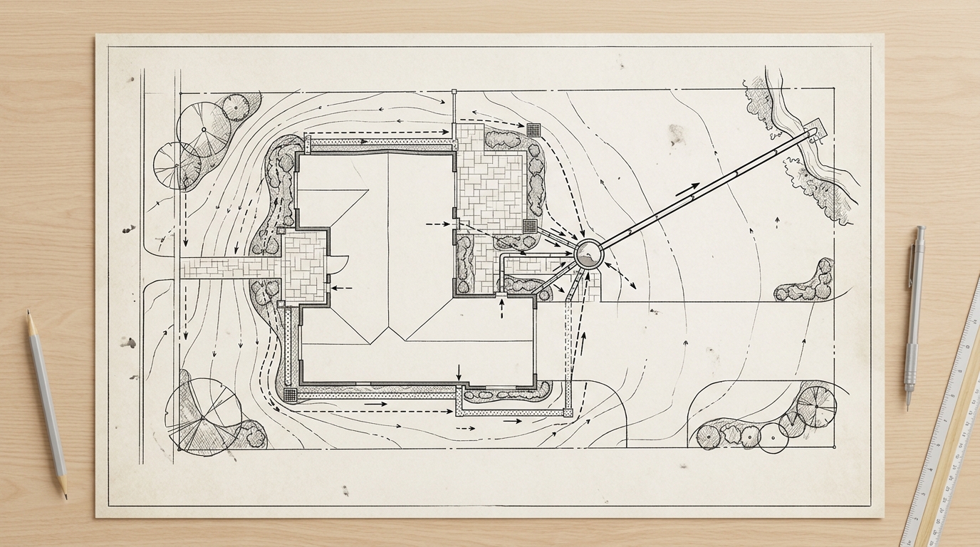 Drainage solution site plan with flow arrows, French drain runs, catch basins, and regrading contours
