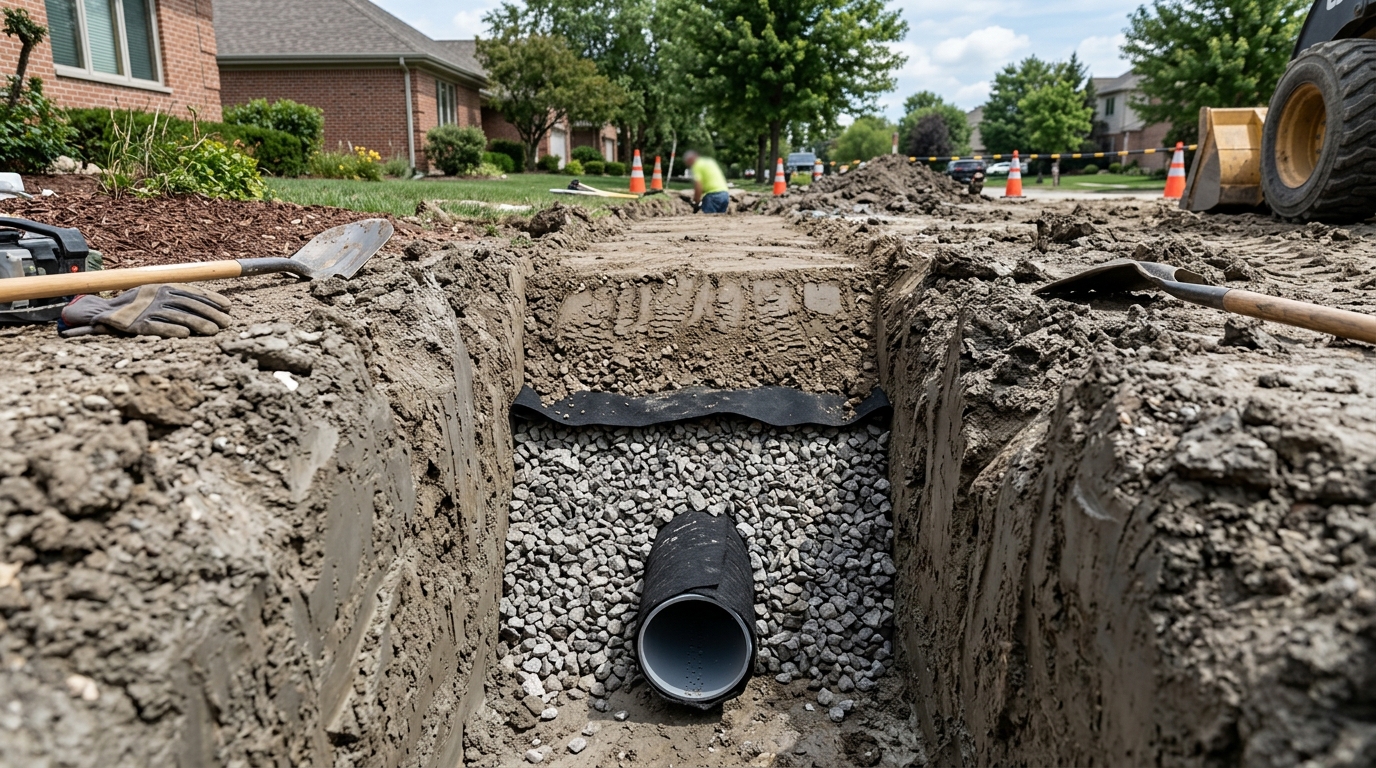 French drain cross-section showing perforated pipe in fabric, gravel column, and clay soil interface