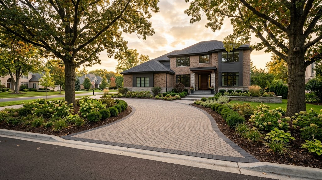 Paver driveway design in Des Plaines: finished herringbone driveway with sailor course border leading to a brick home