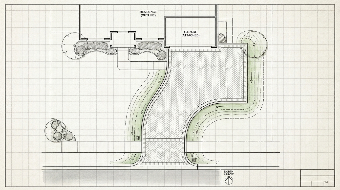Paver driveway site plan with layout pattern, drainage, edge restraint, and parking turnaround