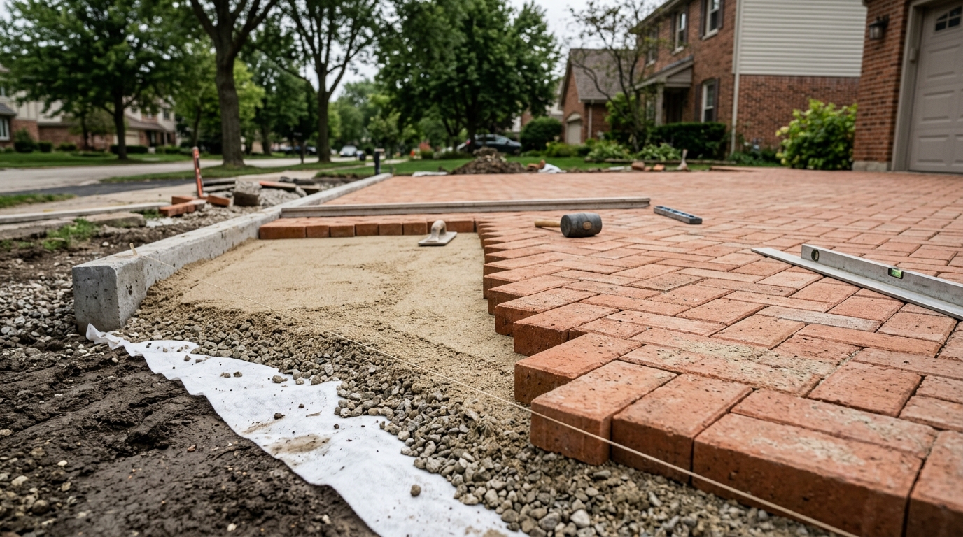 Paver driveway mid-installation showing compacted base, fabric, screeded sand, and herringbone pattern