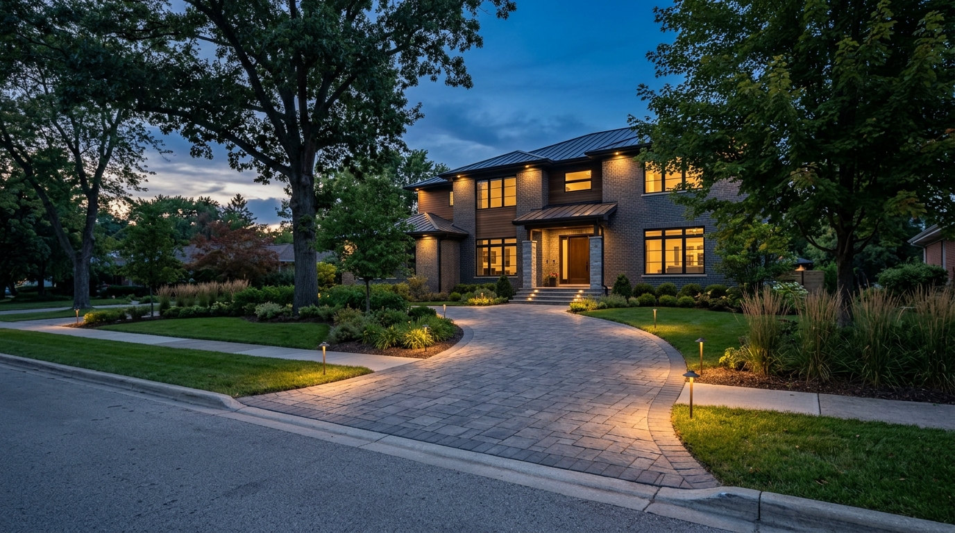 Paver driveway at twilight with low-voltage edge lighting leading to a Des Plaines home