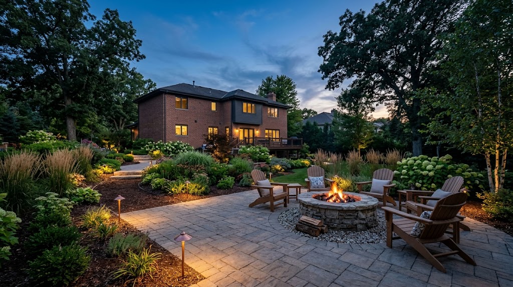 Outdoor fire pit design in Des Plaines: finished stone fire pit with seating area, paver patio, and low-voltage lighting