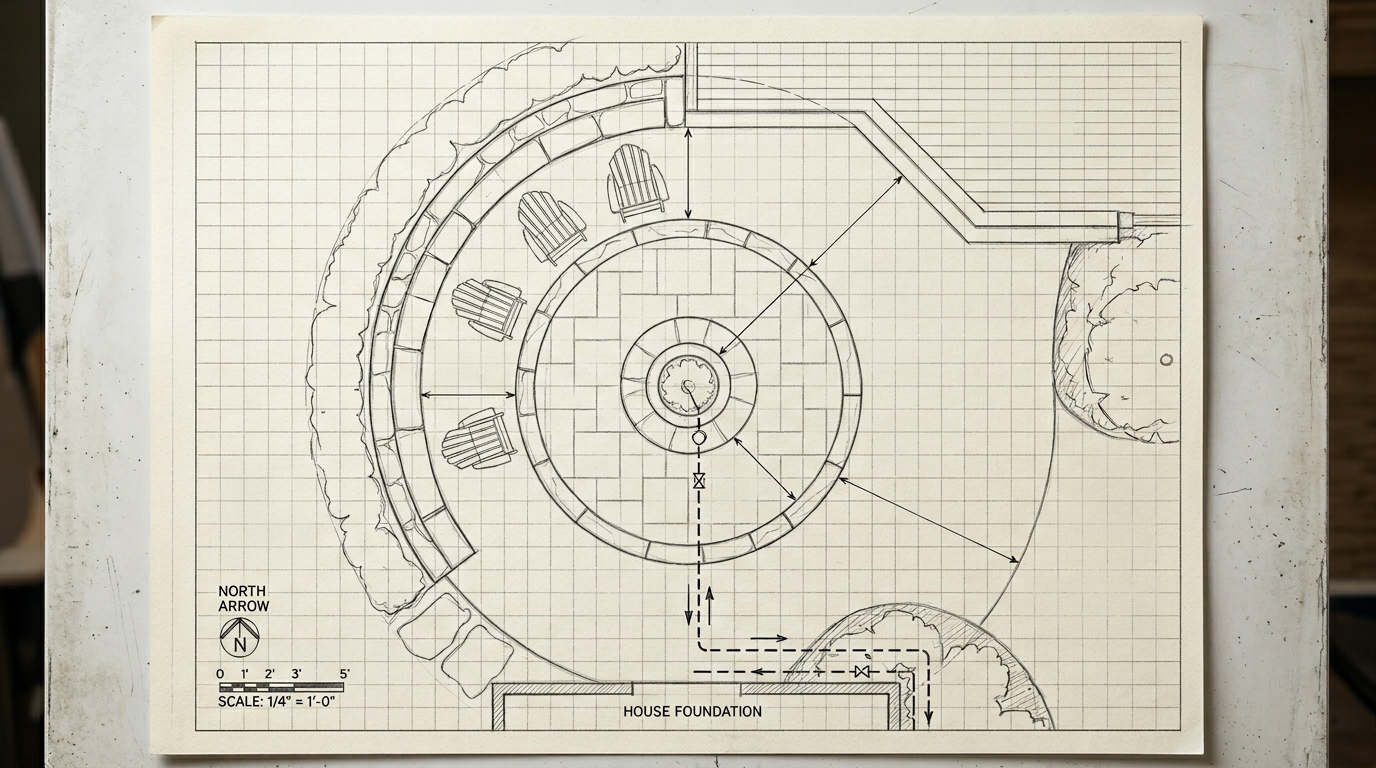 Fire pit site plan with footprint, clearance distances, gas line routing, and seating zone