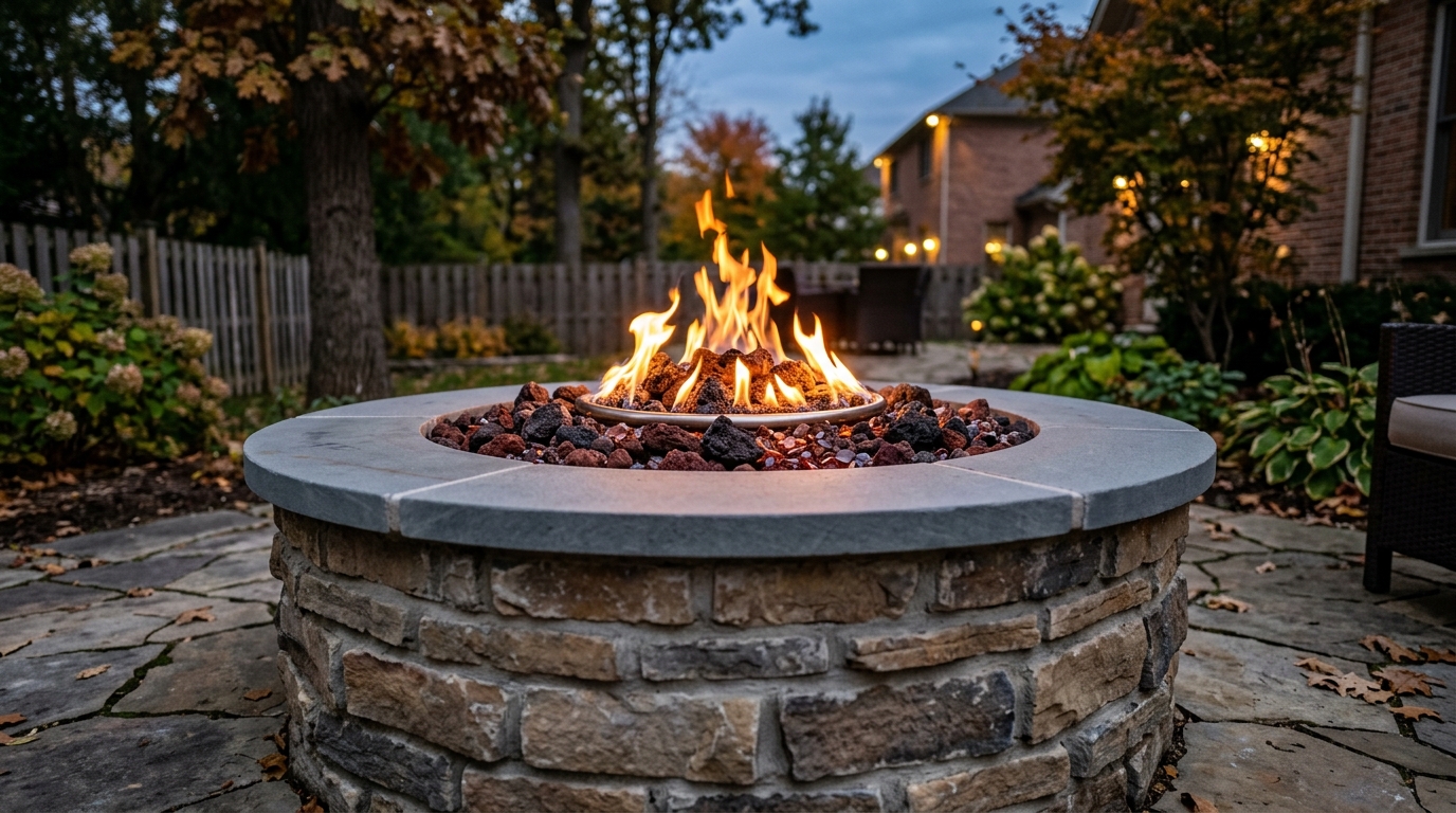 Stacked stone fire pit detail showing dimensional stone, burner ring, lava rock, and cap stones