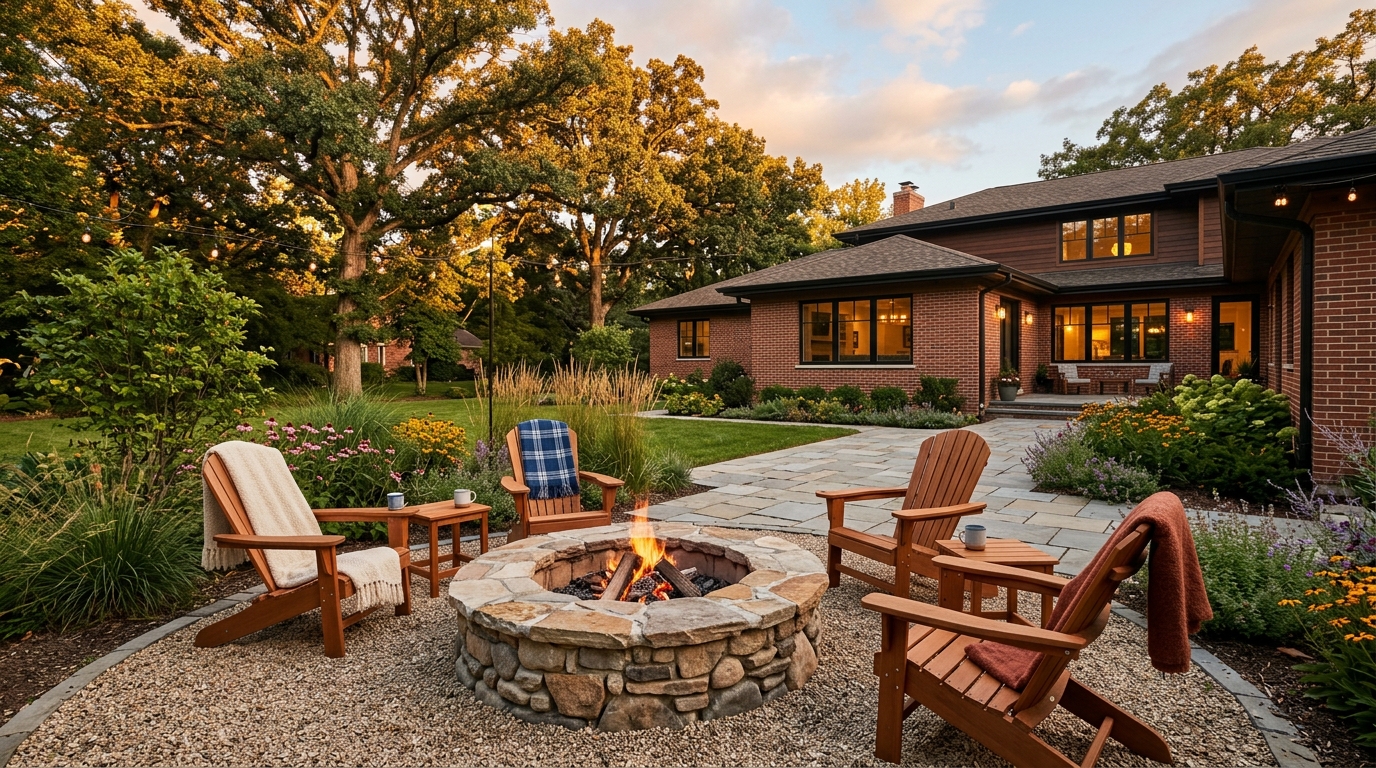 Stone fire pit with Adirondack seating at golden hour in a Des Plaines backyard