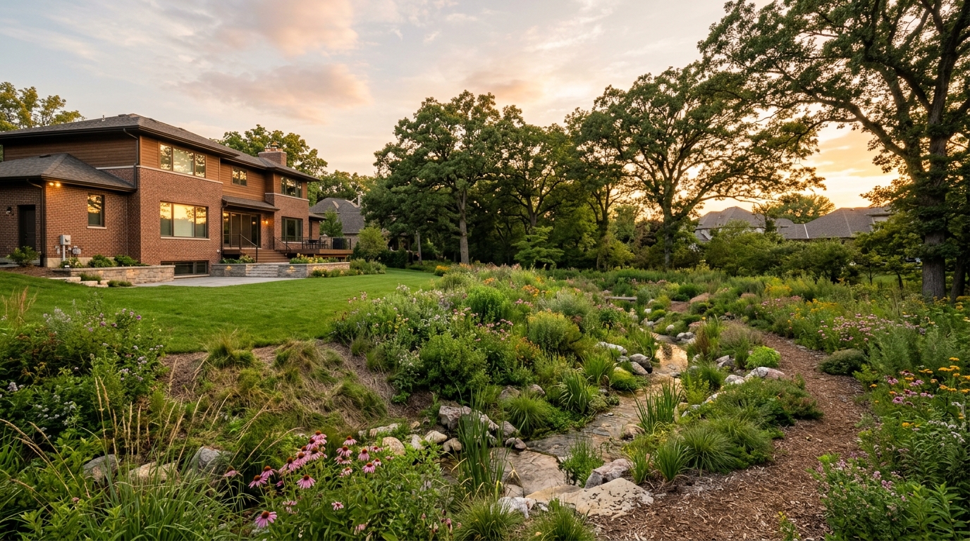 Land restoration design in Des Plaines: regraded property with restored native plantings, drainage swale, and healthy turf