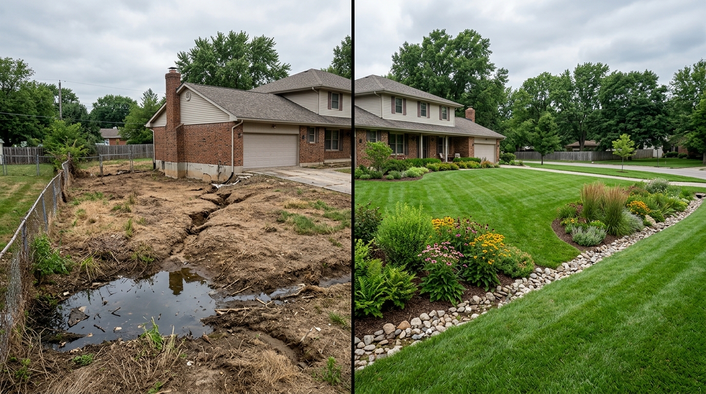 Before-and-after comparison of a degraded suburban yard versus a fully restored property