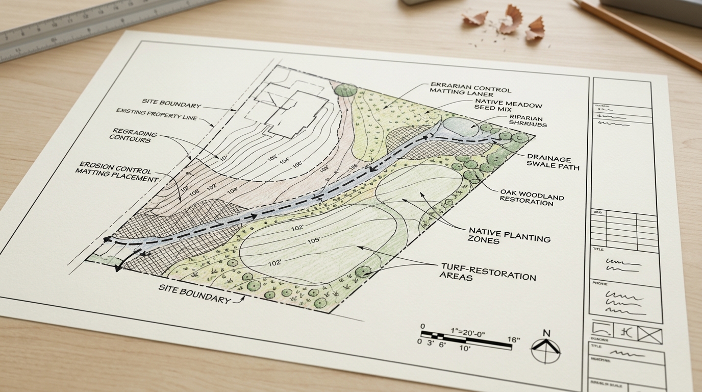 Land restoration site plan with regrading contours, drainage swale, erosion control, and native planting zones