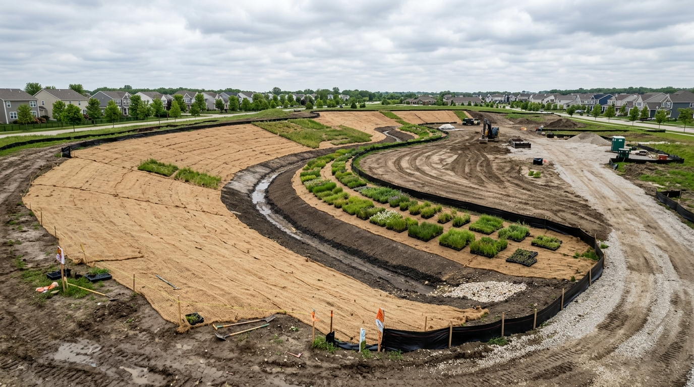 Active land restoration site with regrading, erosion control fabric, and native plantings ready to install