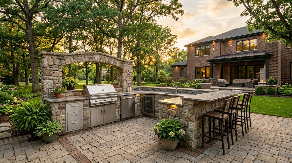 Outdoor kitchen design in Des Plaines: finished outdoor kitchen with stone facade, stainless steel grill, granite counter, and integrated bar seating