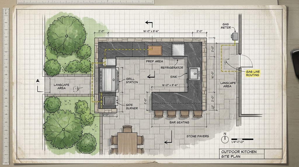 Outdoor kitchen design plan with labeled grill station, prep area, refrigerator, sink, and gas line routing