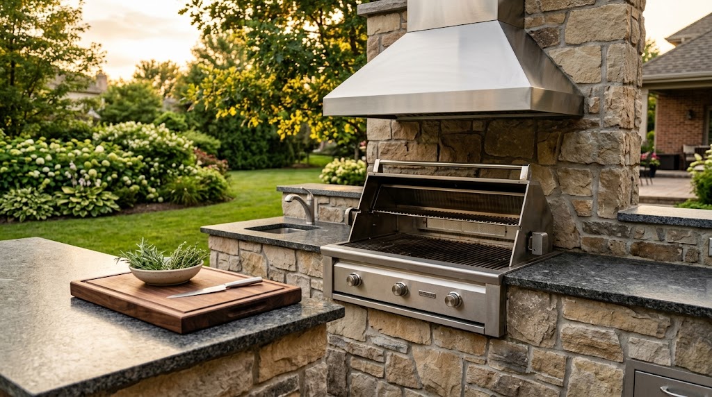 Outdoor kitchen detail showing built-in grill, granite counter, ventilation hood, and stone facade