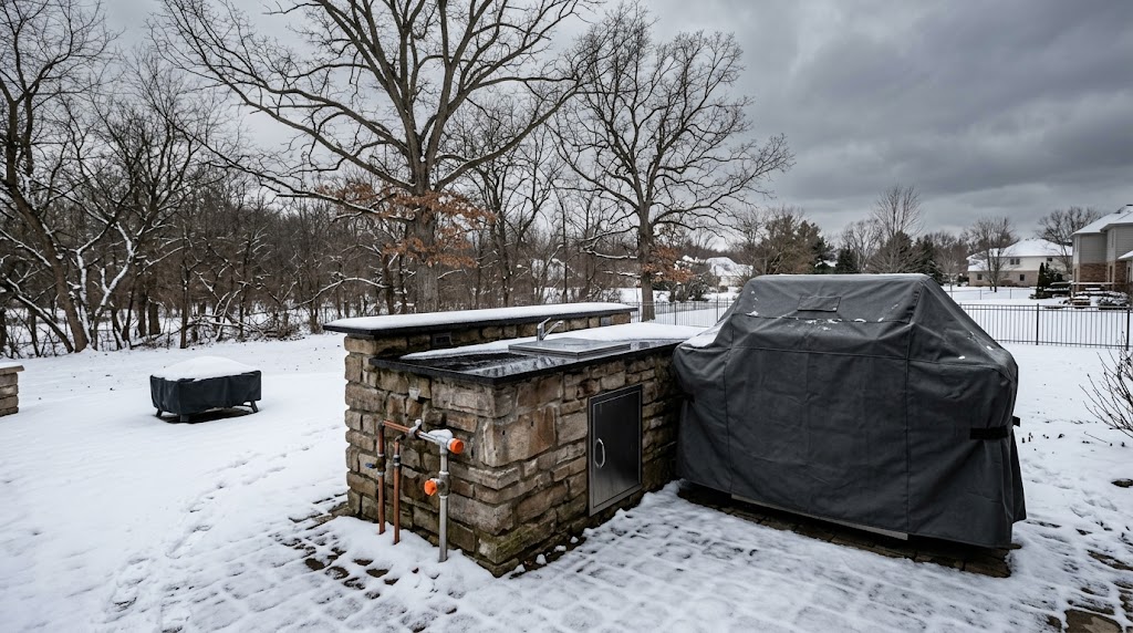 Outdoor kitchen winterized for Chicago weather with weatherproof covers and drained water lines