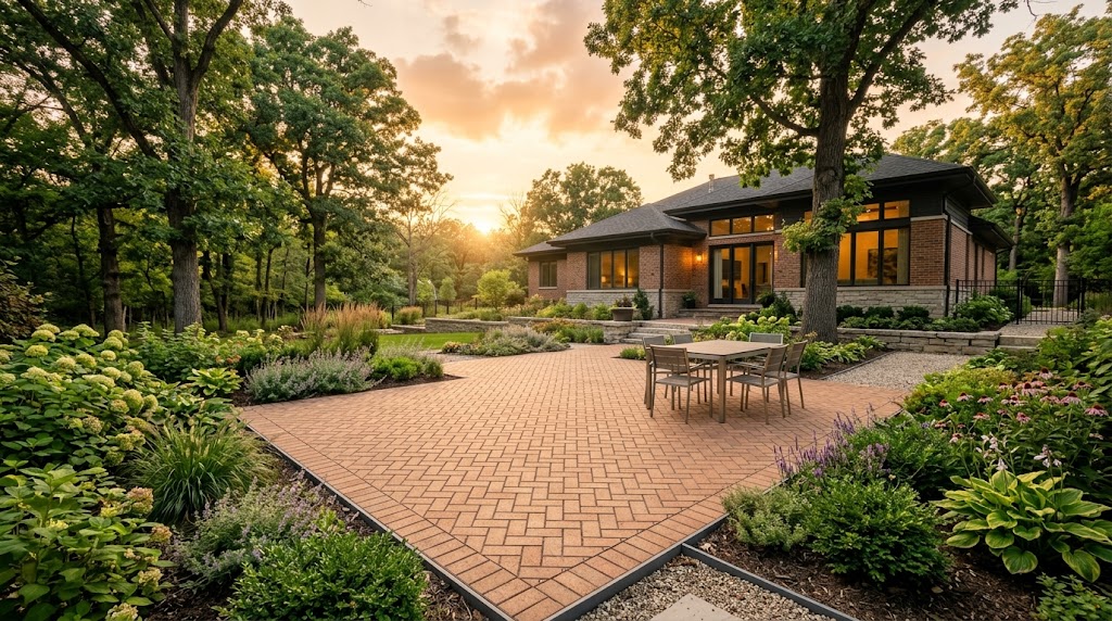 Brick paver installation in Des Plaines: finished herringbone patio with sailor course border and polymeric joint sand