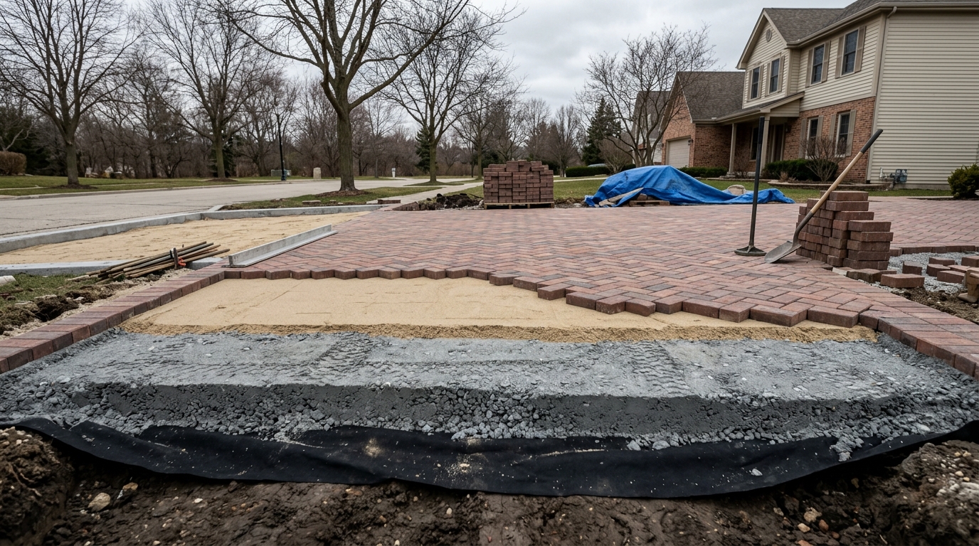 Brick paver installation mid-build showing compacted base, geotextile fabric, screeded sand, and herringbone pattern