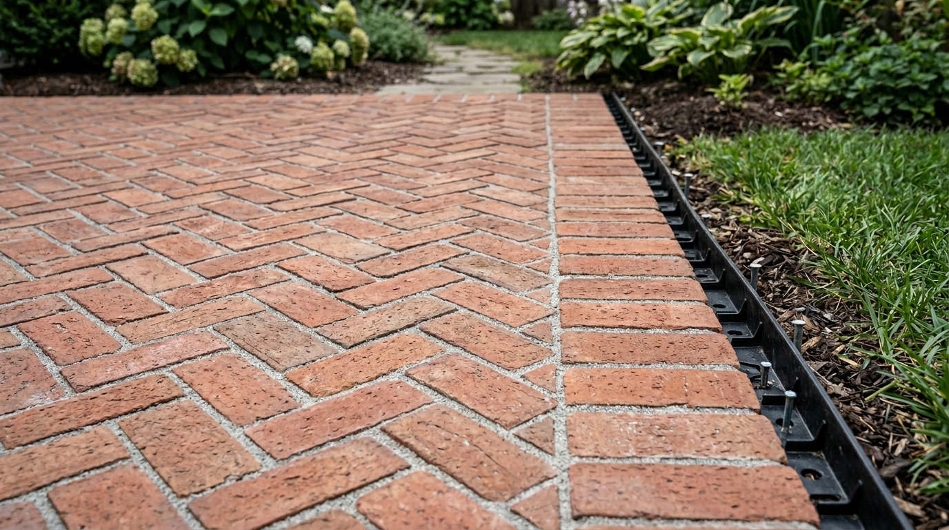 Brick paver close-up showing herringbone pattern, polymeric joint sand, sailor course, and edge restraint