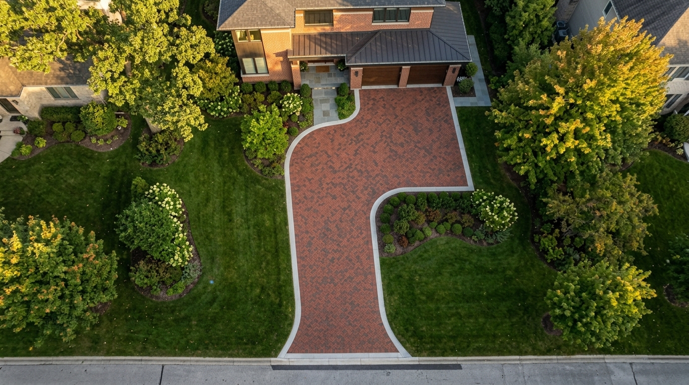 Finished brick paver driveway in basket-weave pattern with concrete edge restraint