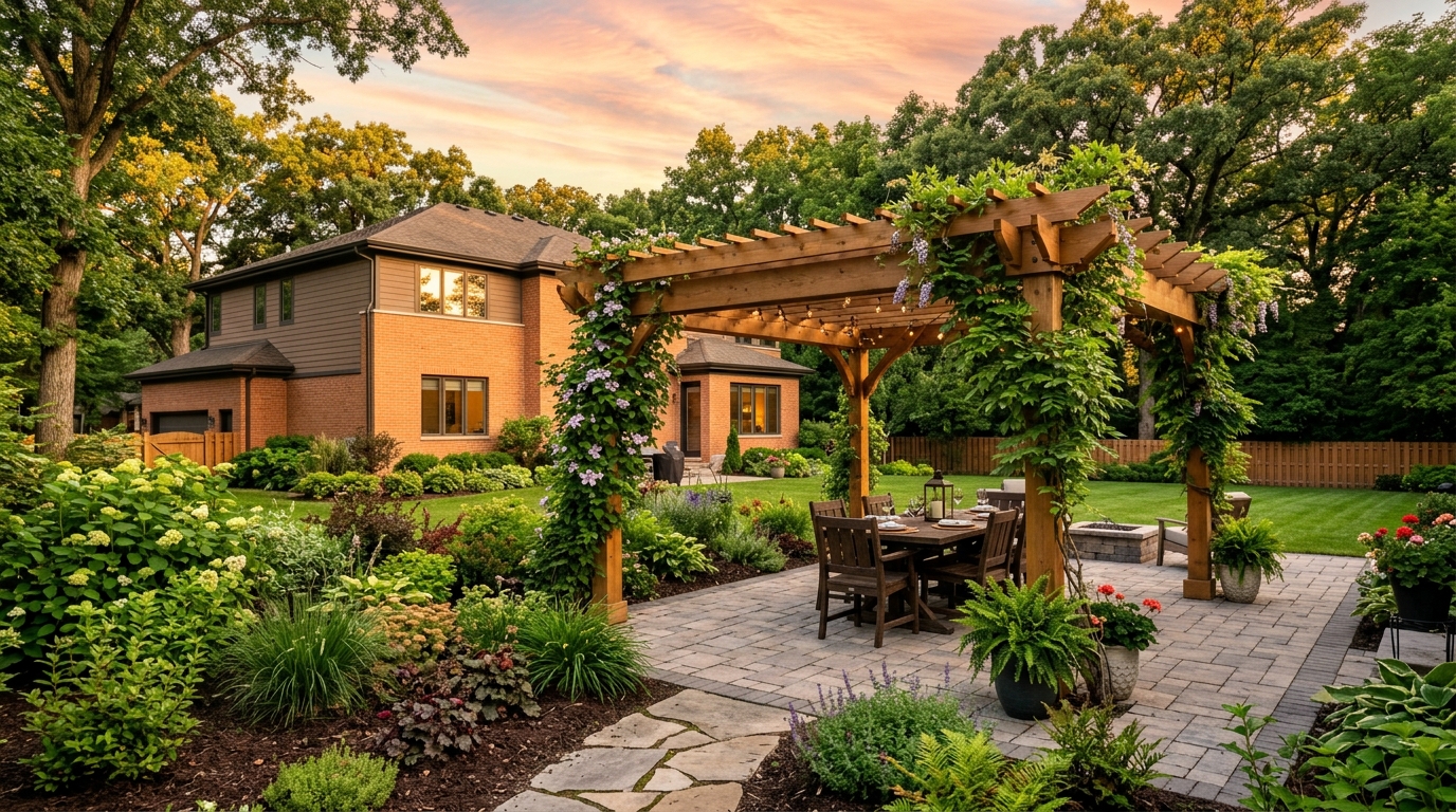 Pergola design in Des Plaines: finished cedar pergola over outdoor dining area on paver patio with planting beds