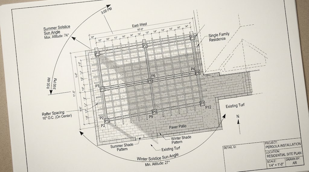 Pergola site plan with labeled posts, beams, rafter spacing, and sun-angle annotations