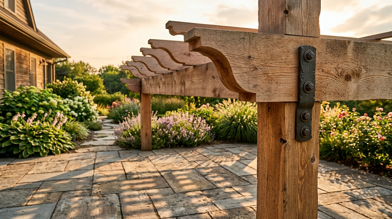Cedar pergola detail showing post-beam joinery, rafter tails, and shadow patterns on paver patio