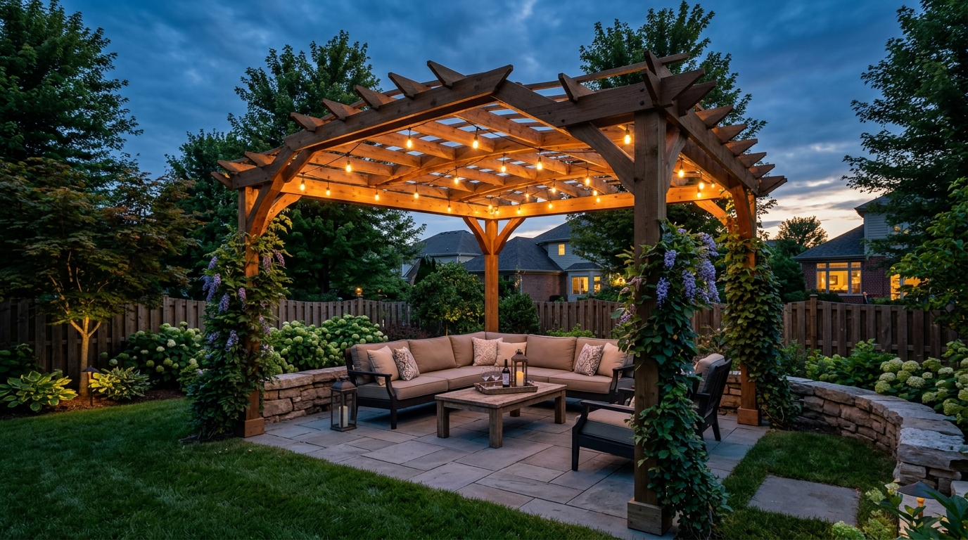 Pergola at twilight with low-voltage lighting in the rafters and outdoor furniture below