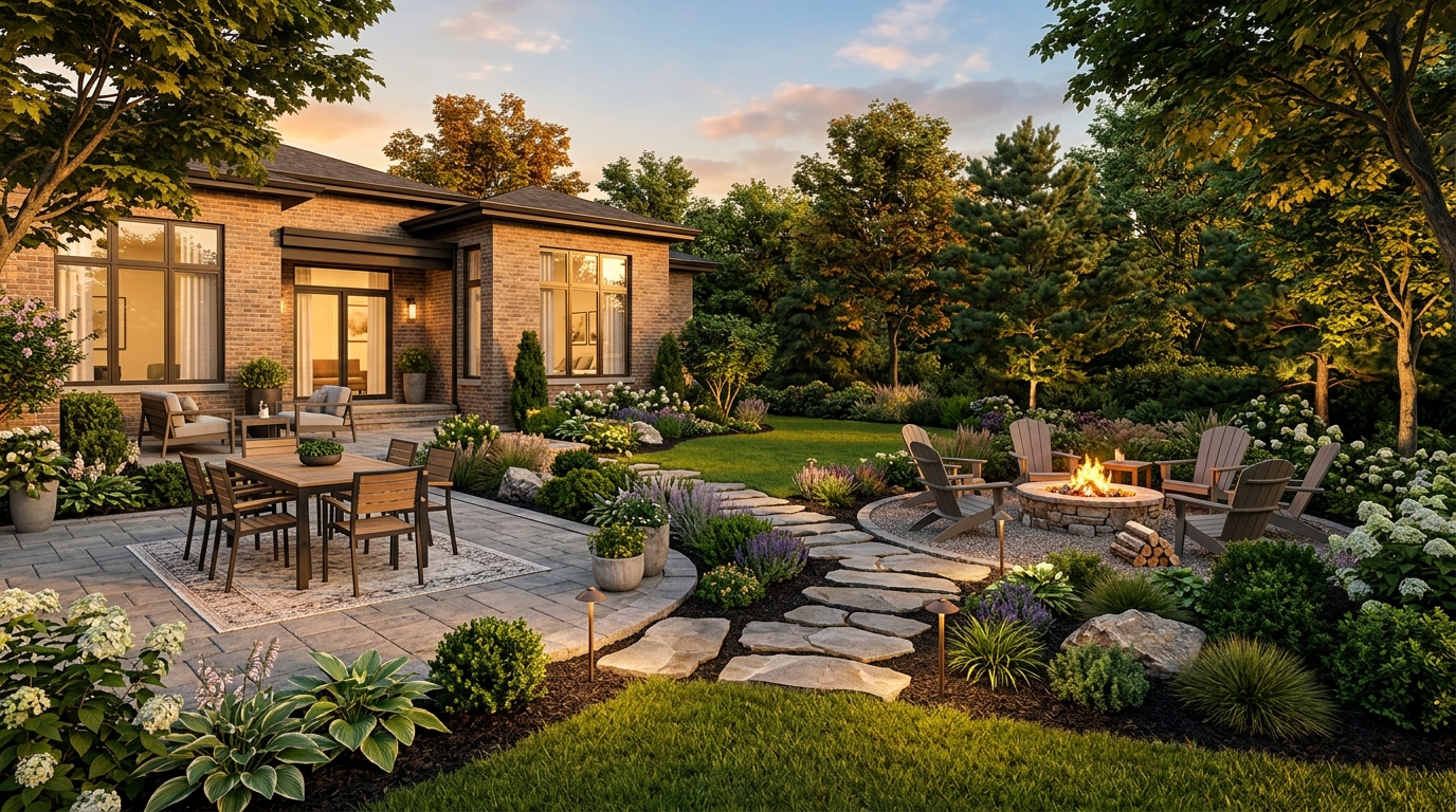 3D landscape renderings in Des Plaines: photorealistic backyard visualization with patio, planting beds, fire pit, and low-voltage lighting