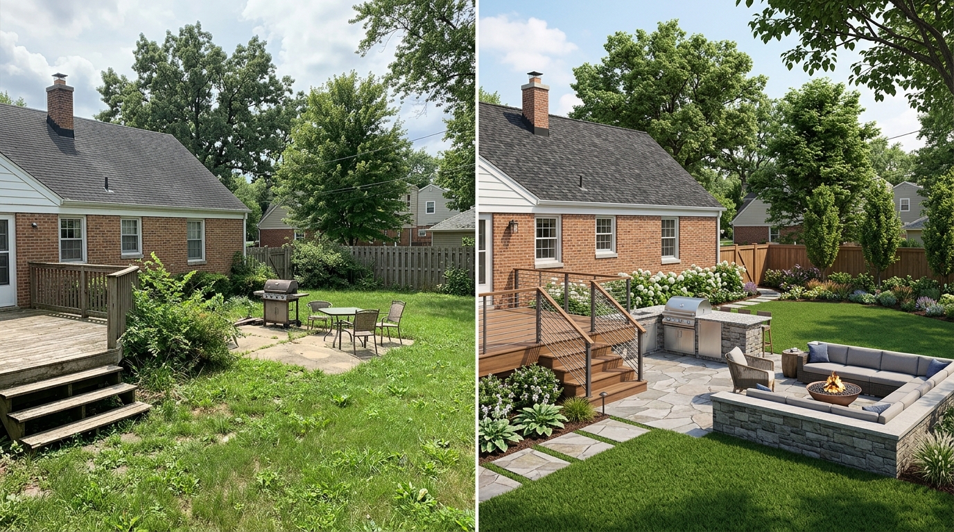 Before-and-after comparison of an existing Des Plaines backyard and its 3D landscape design rendering