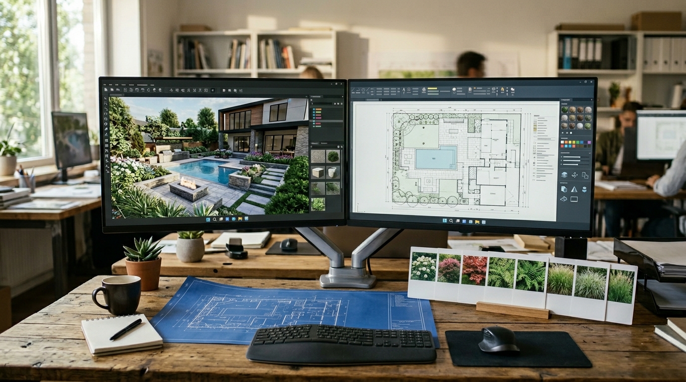 Landscape designer workspace with 3D rendering software, scaled site plan, and plant reference materials