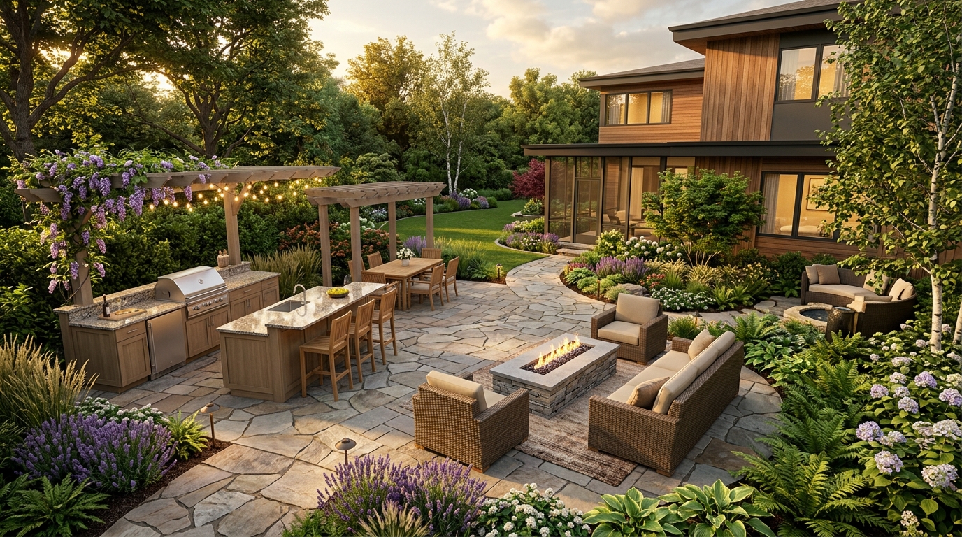 3D rendering of a complete outdoor living space master plan at golden hour