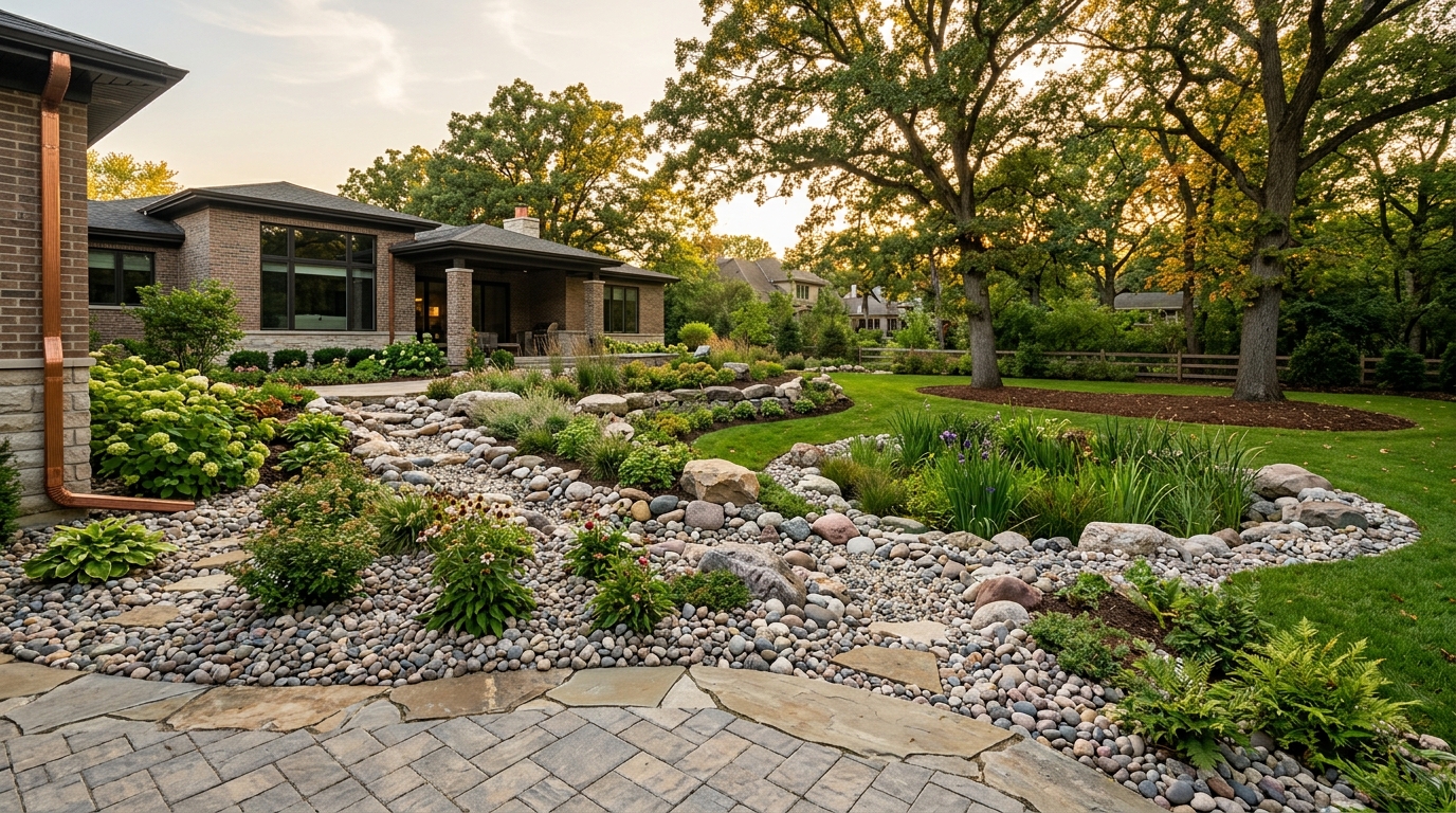River rock and decorative stone design in Des Plaines: finished bed with dry creek, accent boulders, and stone-edged patio