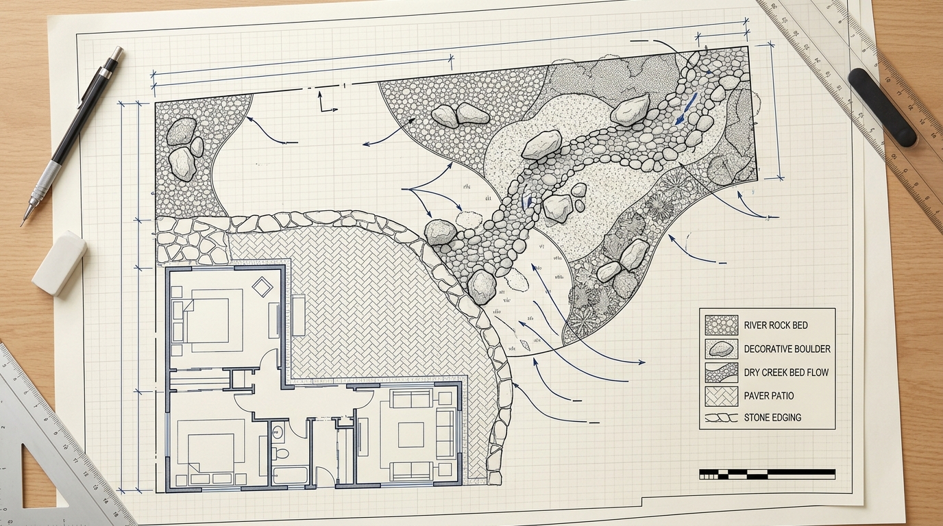 Landscape design plan with labeled river rock beds, accent boulders, and dry creek routing