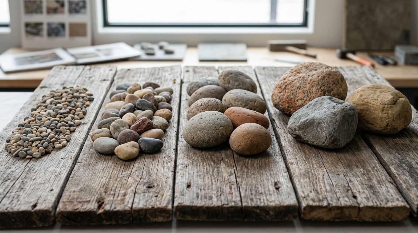 River rock and decorative stone material samples in multiple sizes and color tones for landscape design