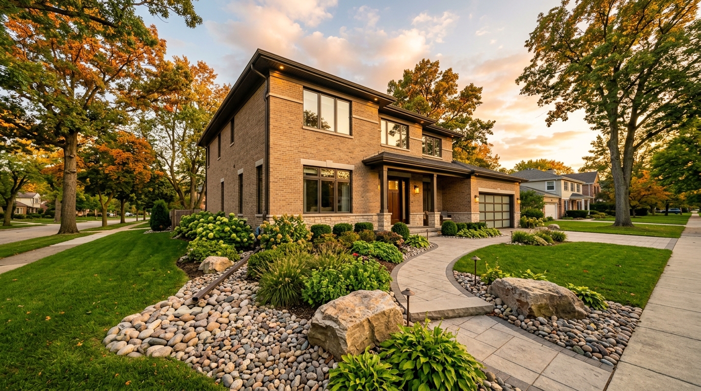 Finished front yard with river rock under foundation plantings and accent boulders flanking the walkway