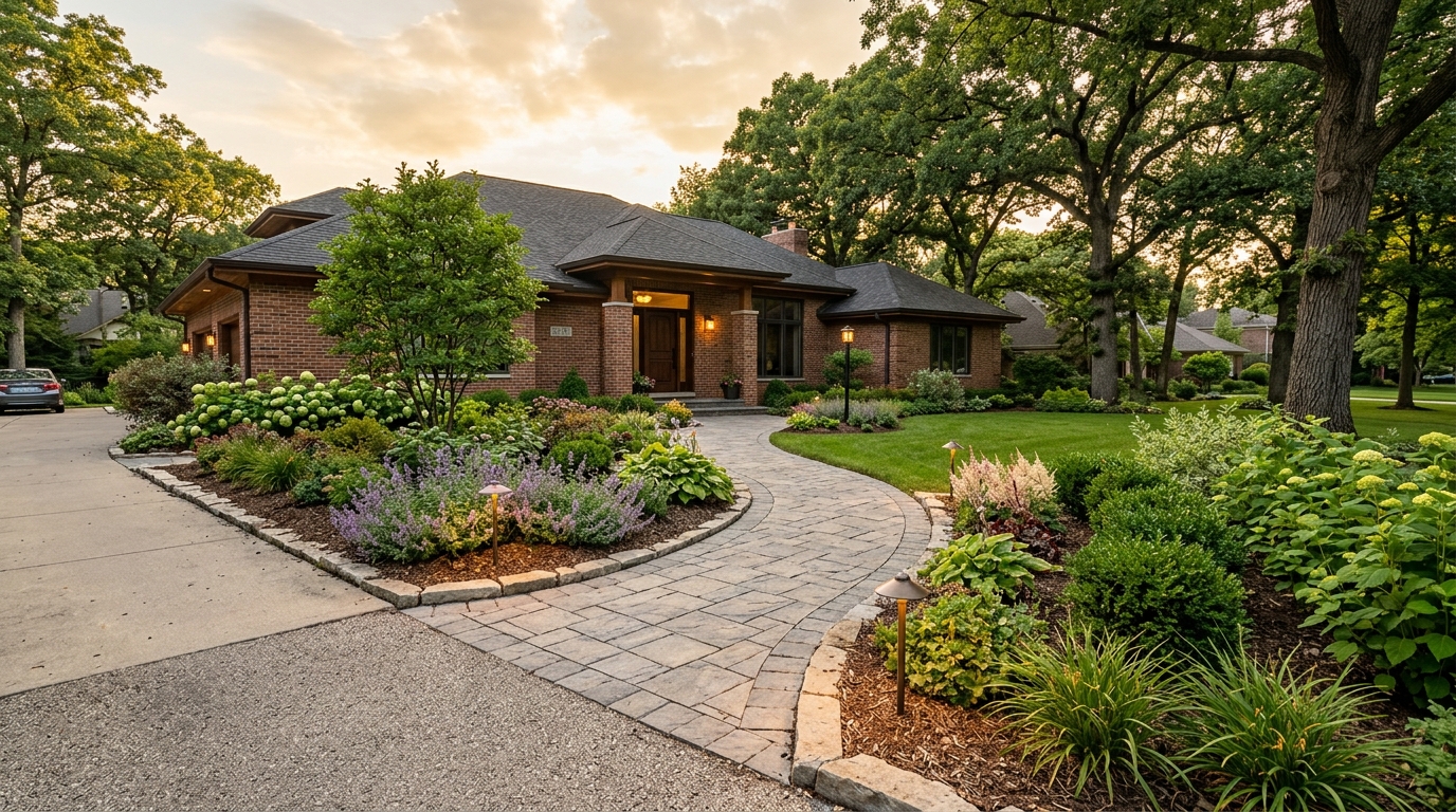 Walkway and path installation in Des Plaines: finished paver path with planting bed edging and low-voltage lighting