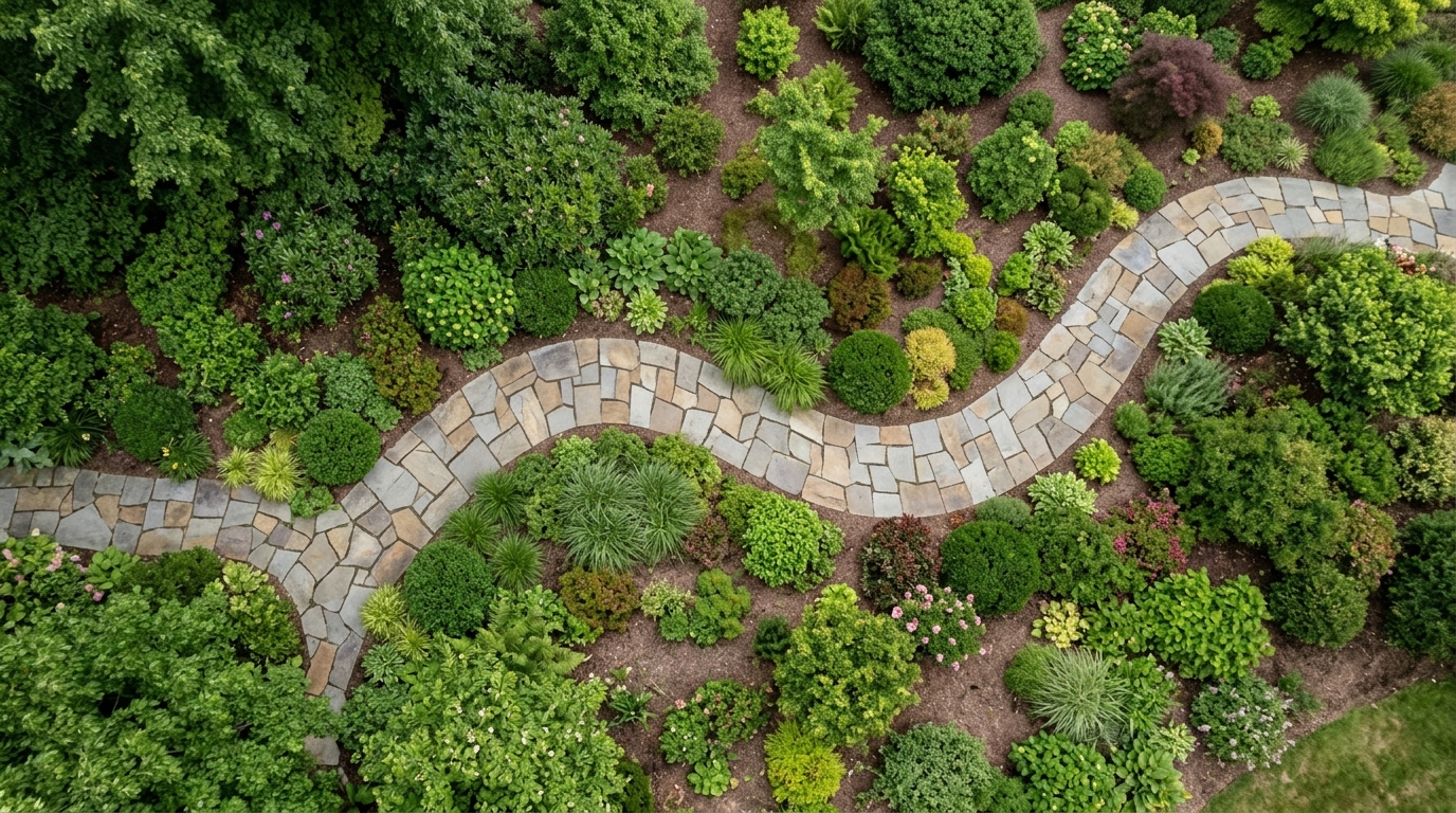 Curved natural flagstone walkway with mortared joints leading through a garden