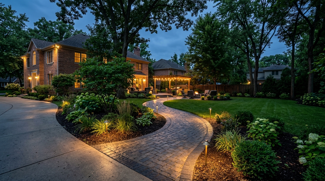 Paver walkway at twilight with low-voltage path lighting in a Des Plaines backyard