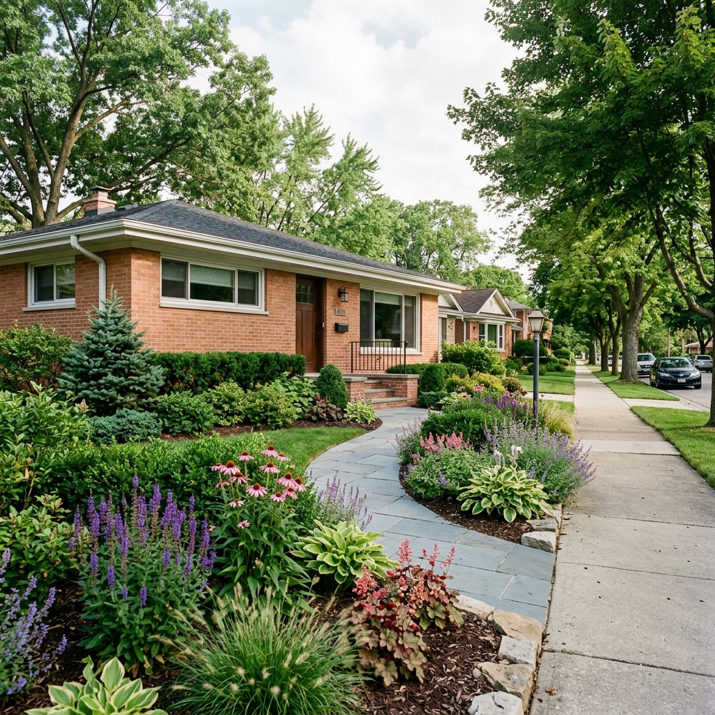 Landscape design near Lincoln Middle School in Park Ridge — front yard