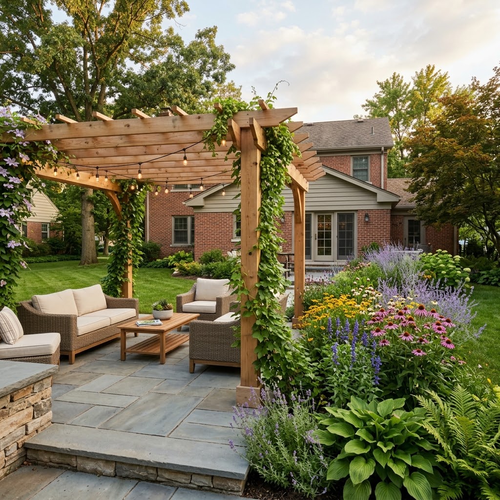 Backyard bluestone patio design near Windsor Elementary Arlington Heights