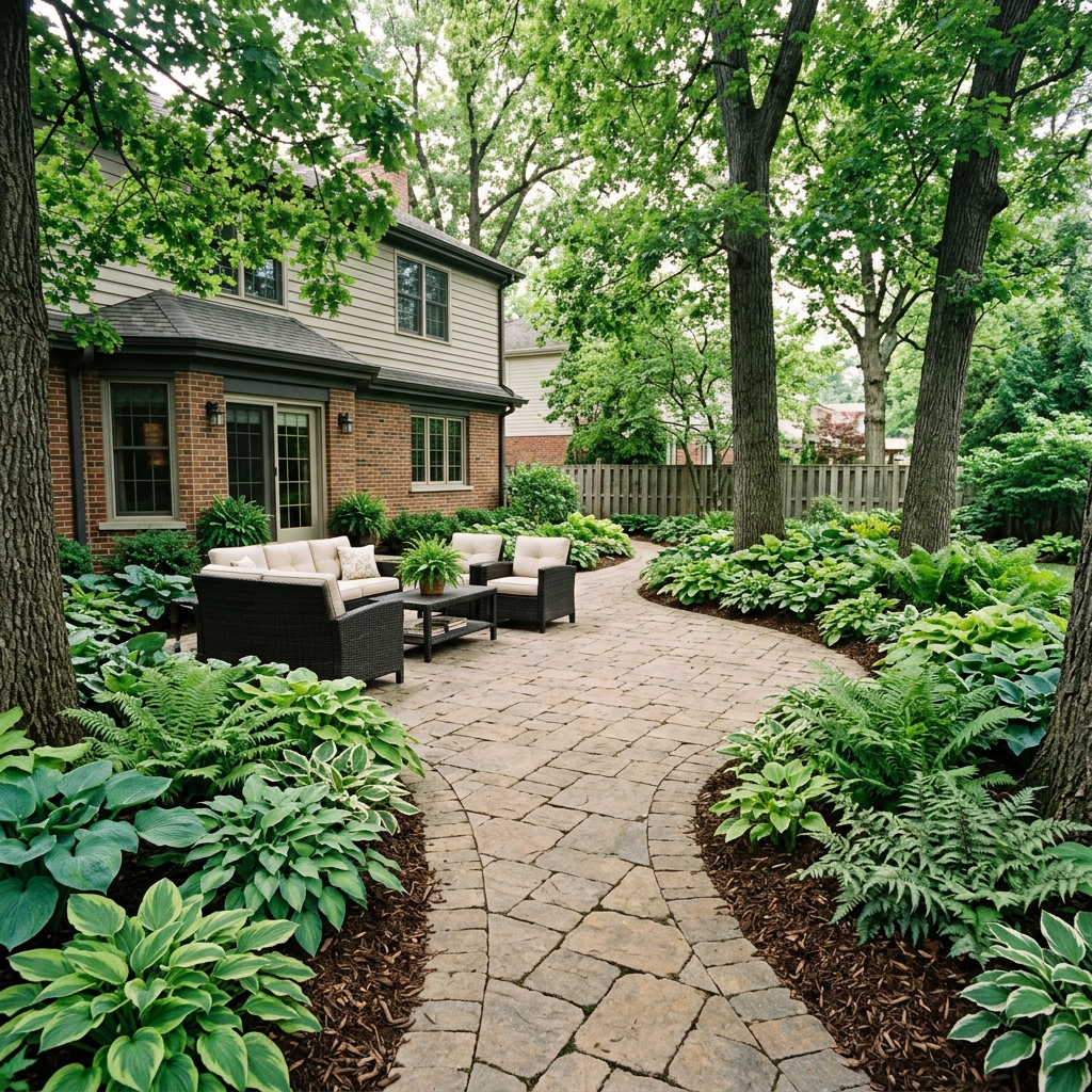Paver patio shade-tolerant garden design near Maine South Park Ridge