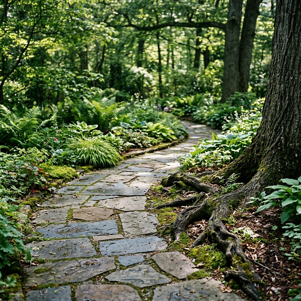 Stone walkway and shade plant detail near Maine South Park Ridge